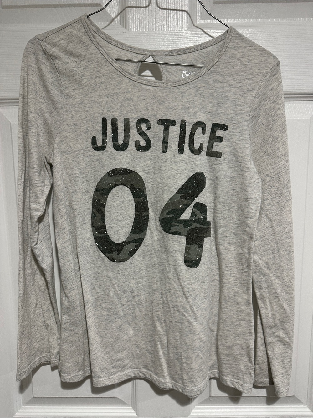 Justice Light Gray Long Sleeve Tee with Dark Green Camo '04' Graphic